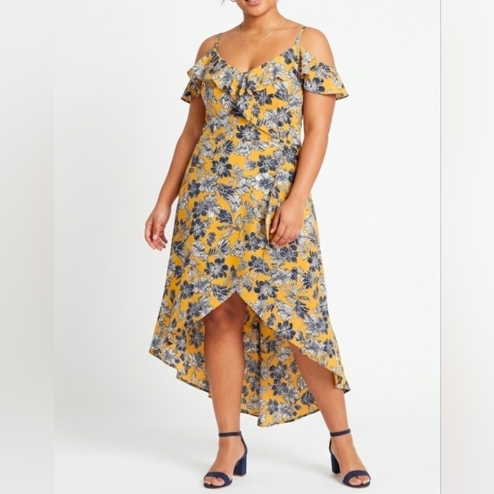 Iz Byer Golden Yellow Floral High Low Dress XXL NWT Navy White Ruffle Strap